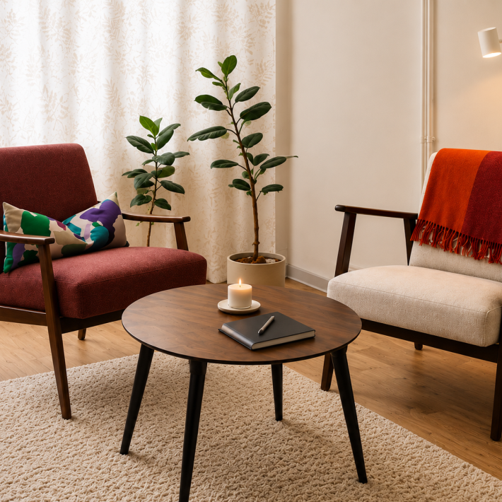 Psychotherapiepraxisraum mit zwei Sesseln und Tisch