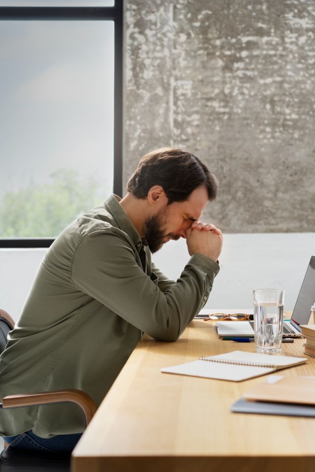 Erschöpfter Mann am Schreibtisch – Burnout und Arbeitsstress, Psychotherapie in Berlin